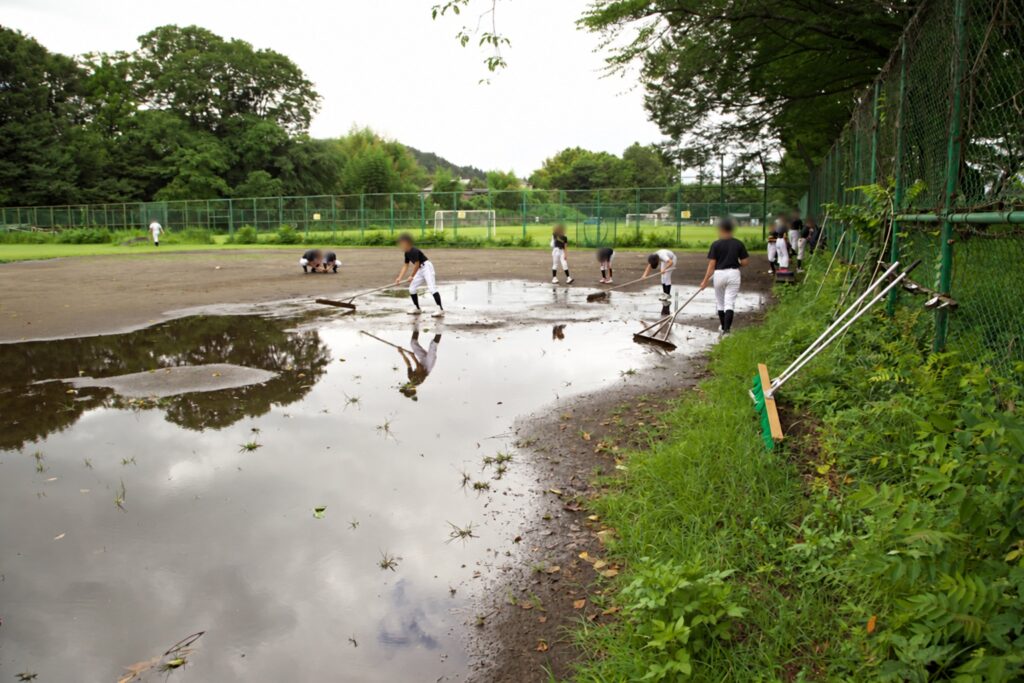 大きな水たまりが残るグラウンドで整備をする選手たち